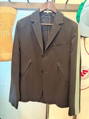 Carven Mens Stretch Black Blazer with Green Stripe Accent - Size FR46